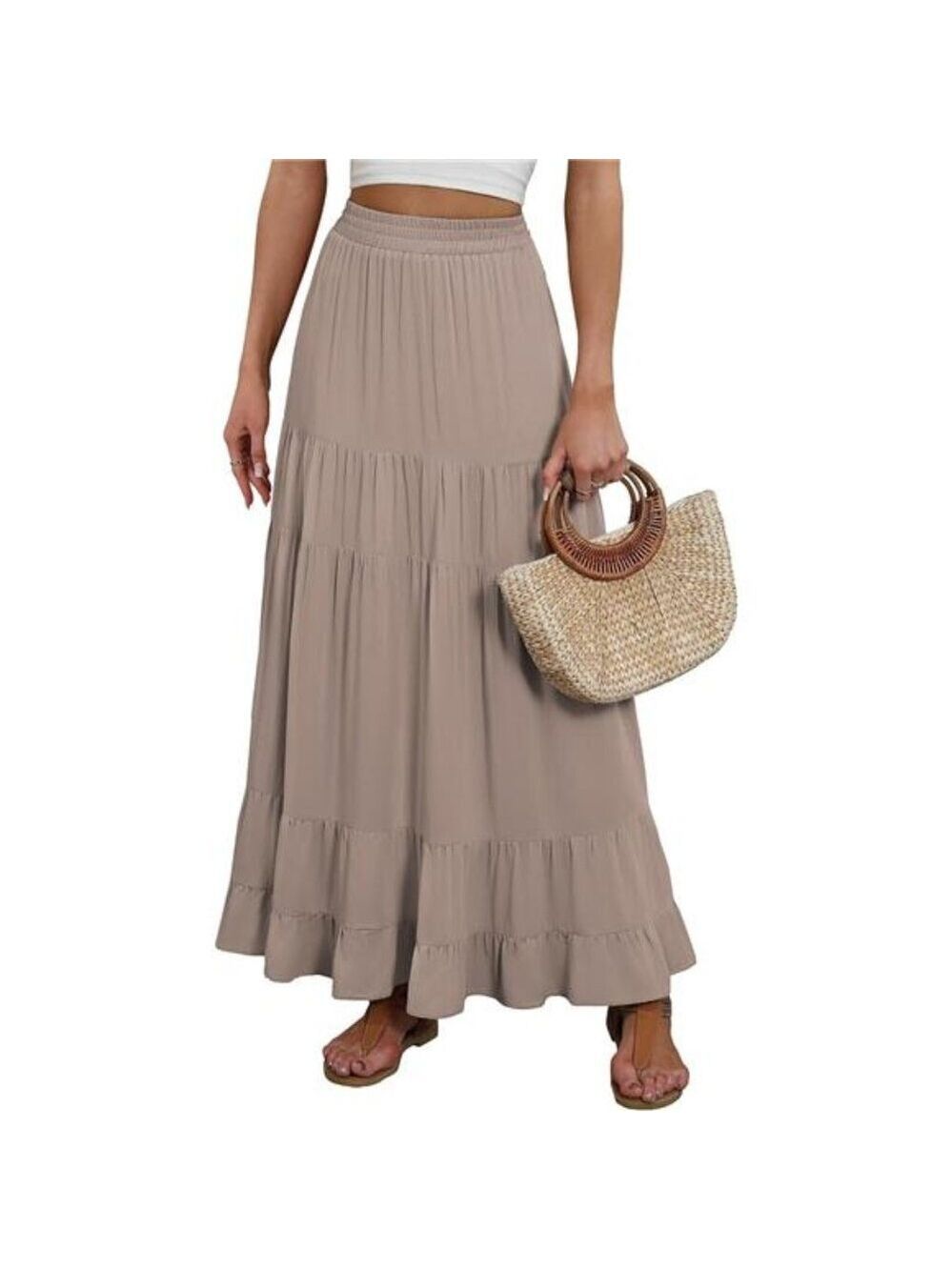 Womens Maxi Skirt High Waist Tiered A Line Flowy Pleated Boho Beach Vacation